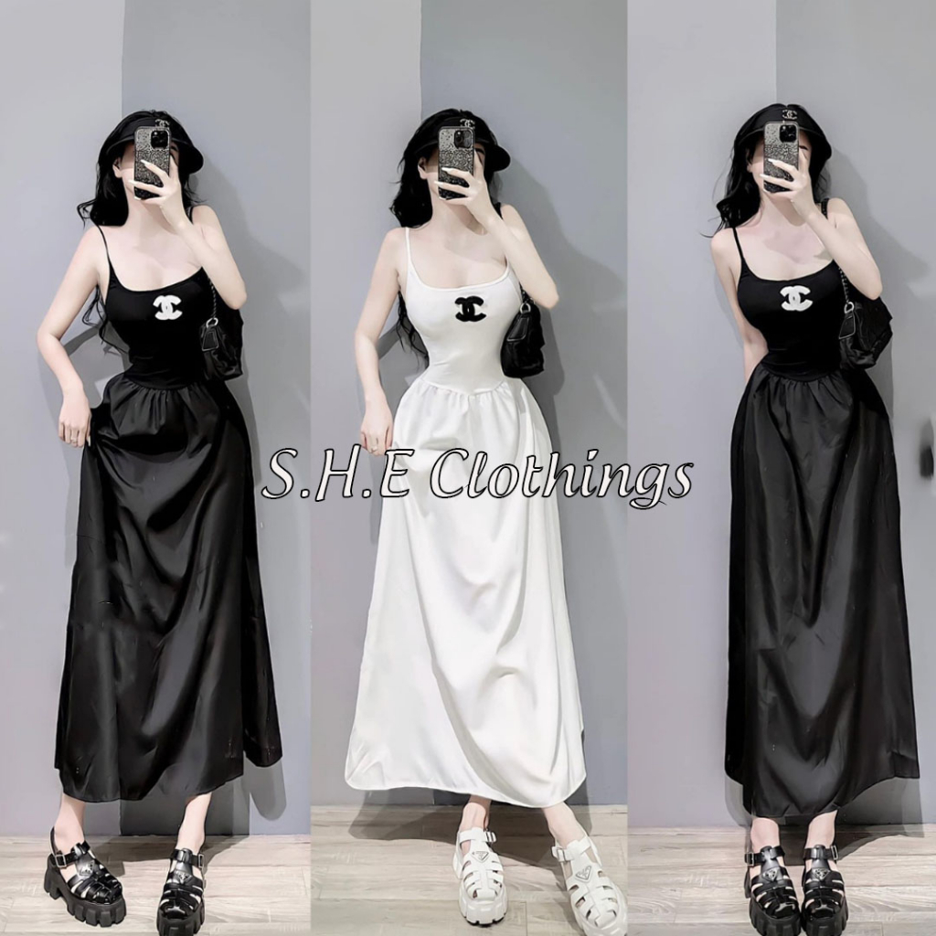 Đầm 2 Dây Chaneo Xòe Dáng Dài Váy 2s Thêu Bozip Phối Thô Hàn Freesize S022
