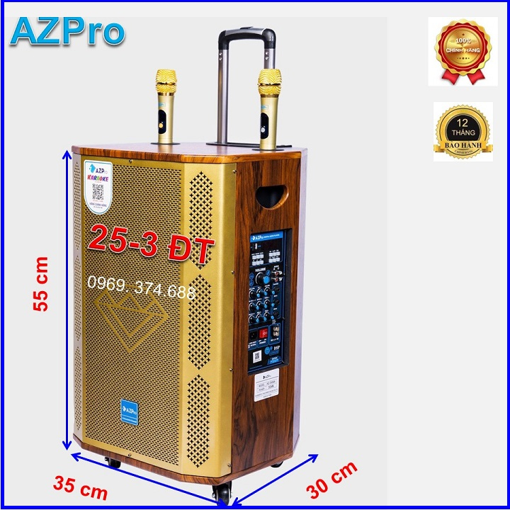 Loa kéo Bluetooth chính hãng AZPRO,AZ-2106-A Bass 25 thùng gỗ cao cấp,loa 3 đường tiếng,mạch Reverb,tặng 2  mic