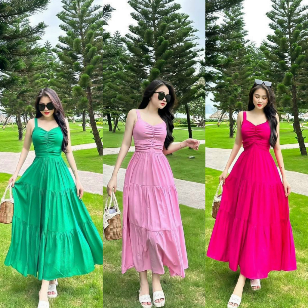 Đầm xòe 2 dây xếp tầng moking thân sau dáng maxi có mút cho nàng đi chơi, dạ hội, đi biển [907]
