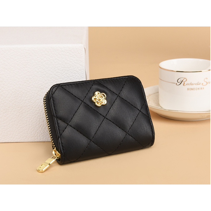 Ví nữ mini da đen đính hoa trà