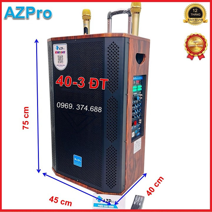 Loa kéo Bluetooth chính hãng AZPRO,AZ-2506-A Bass 40 thùng gỗ,loa 3 đường tiếng,mạch Reverb,Tặng 2 mic không dây