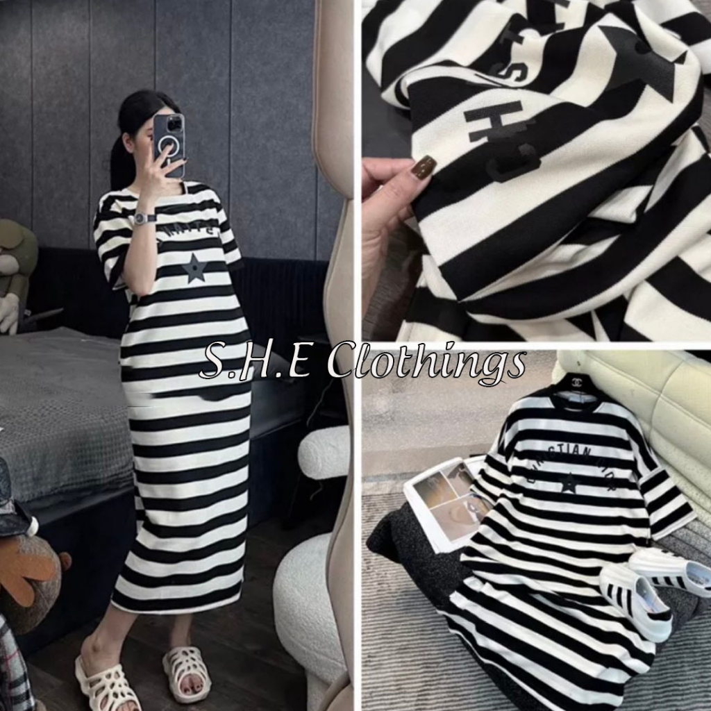 Váy Phông Suông Dior Ngôi Sao Kẻ Ngang Đen Trắng Đầm Phông Kẻ Dáng Dài Form Rộng Freesize S048