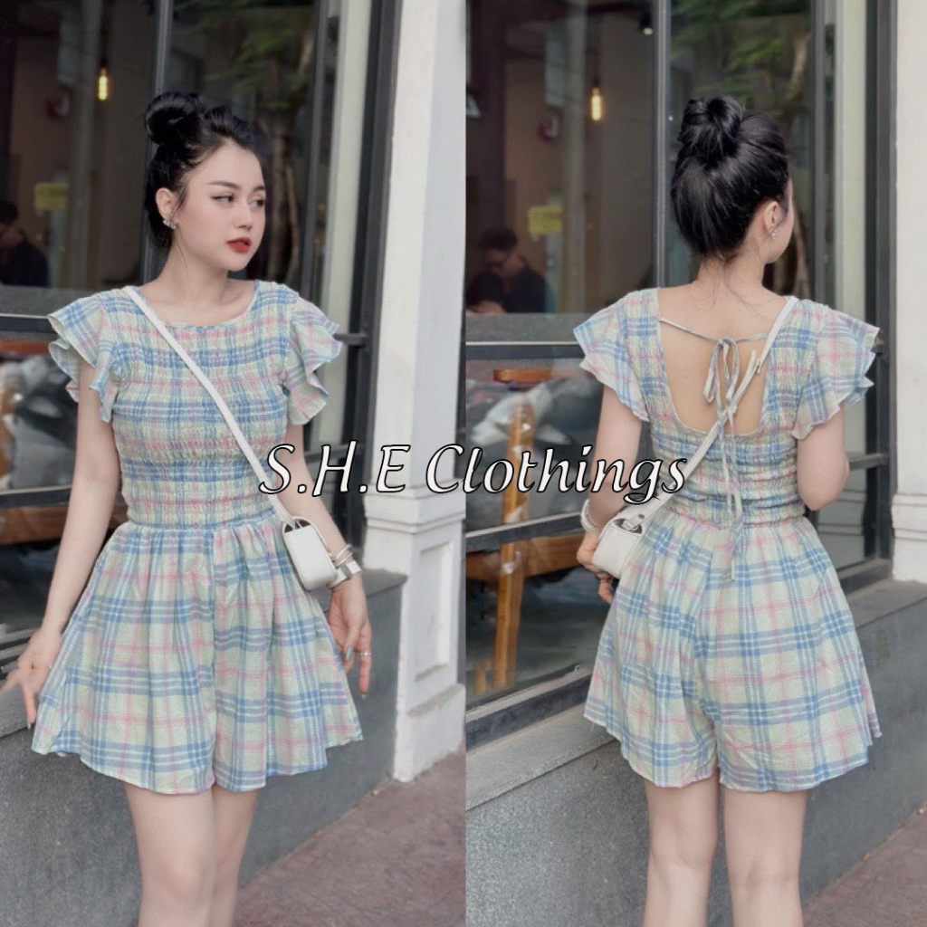 JUmpsuit Kẻ Caro Bèo Vai Chun Lưng Jum Đùi Karo Hở Lưng Dây Buộc Freesize S051