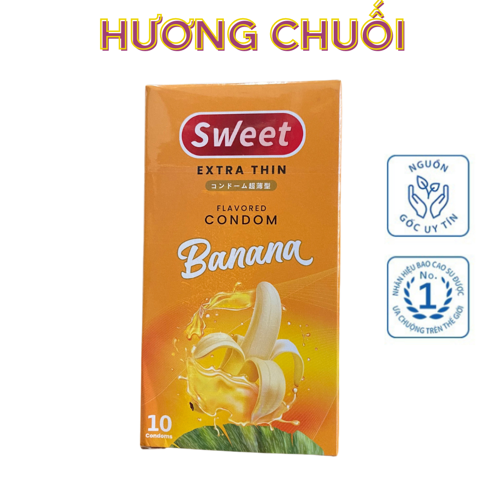 Combo 3 hộp bao cao su Sweet extrathin hương vị chuối size 52mm, hộp 10 bao