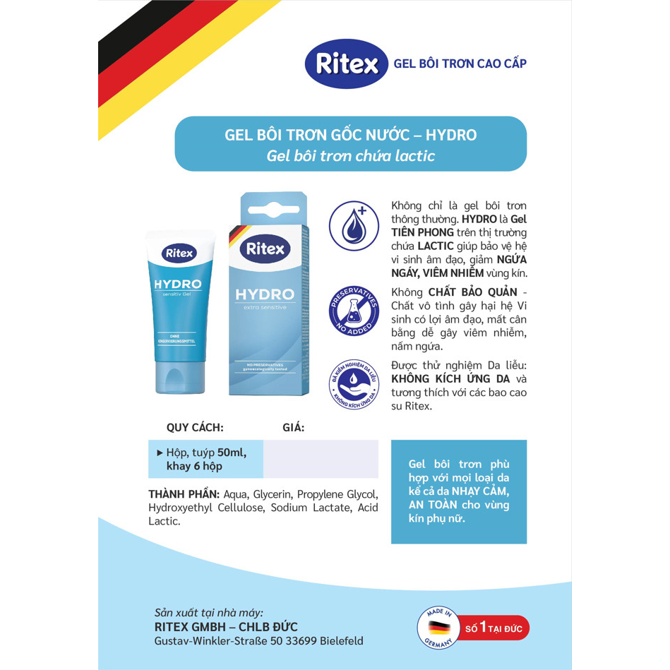 Gel bôi trơn Ritex Hydro gốc nước 50ml/chai