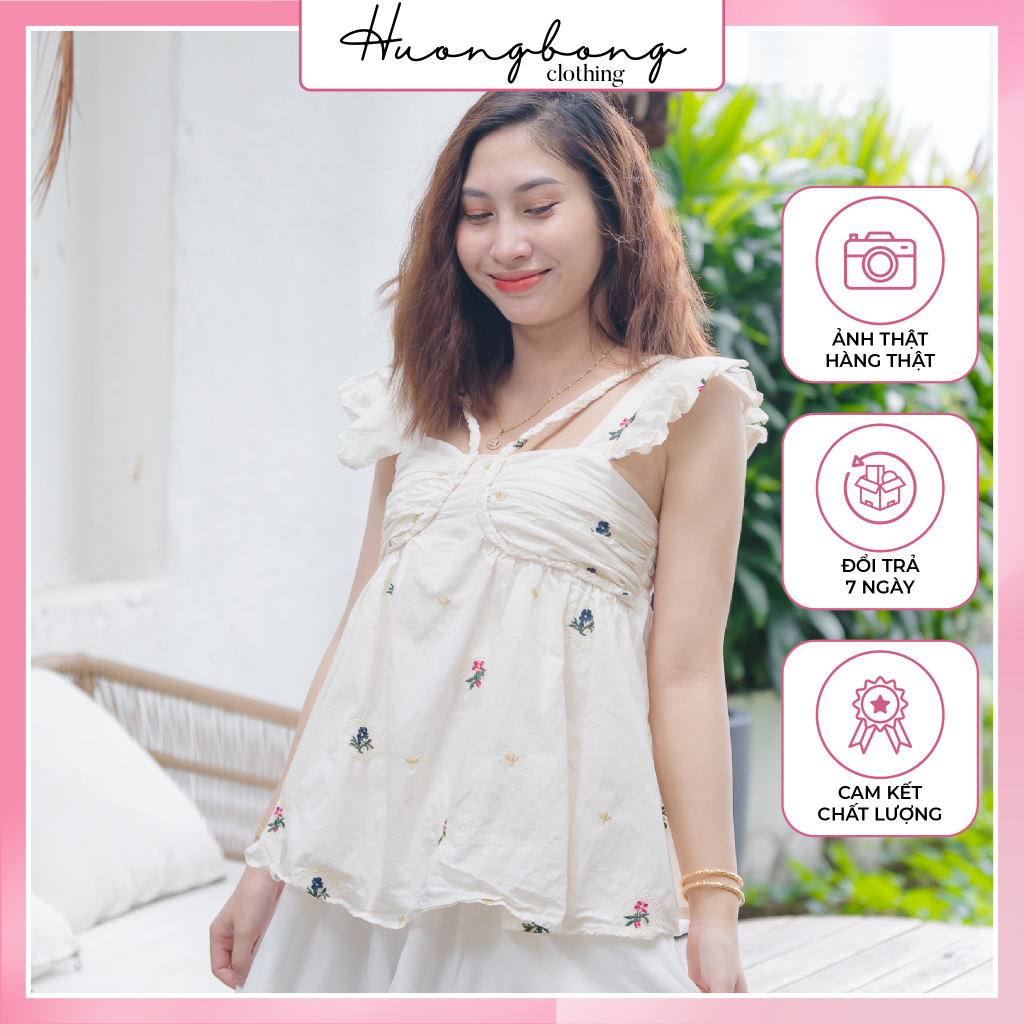 Set Váy Nữ Phối Áo 2 Dây Peplum Hoa Thêu Tay Tiên Dây Chéo Cổ + Short Trắng phù hợp đi biển, du lịch - Hương Bống HB202