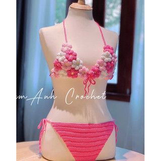 Bộ bikini len móc- bikini len móc hoa thủ công- hàng có sẵn