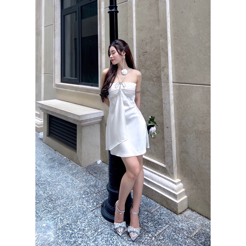 Đầm Lụa Hai Dây Nơ Đá Sang Chảnh (Có Mút Ngực) - Váy Lụa Hai Dây Nơ Ngực Dáng Ngắn Tôn Dáng Che Bụng Dưới- Luna Dress