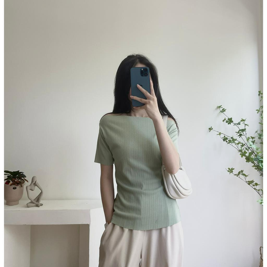 Áo trễ vai chất cotton zip quyến rũ mùa hè nội y xanh chất đẹp