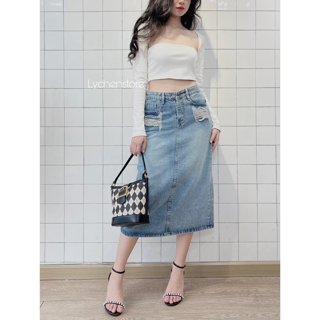 𝐋𝐘𝐂𝐇𝐄𝐍-  Chân Váy Jean Rách Túi