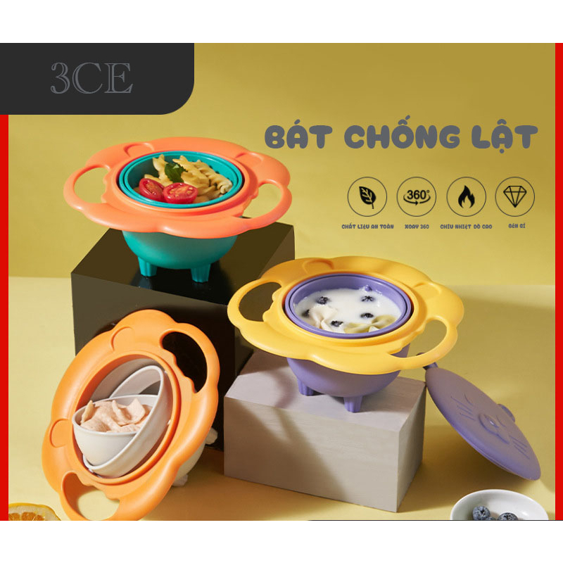 Bát chống lật đổ xoay 360° danh cho bế ăn dặm, chơi để đồ ăn du lịch ngoài trời