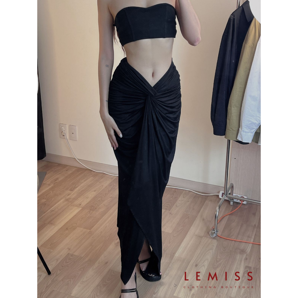 Chân váy dài nhún trước hạ eo thiết kế độc quyền LEMISS chất liệu cotton co giãn 4 chiều màu đen CV6
