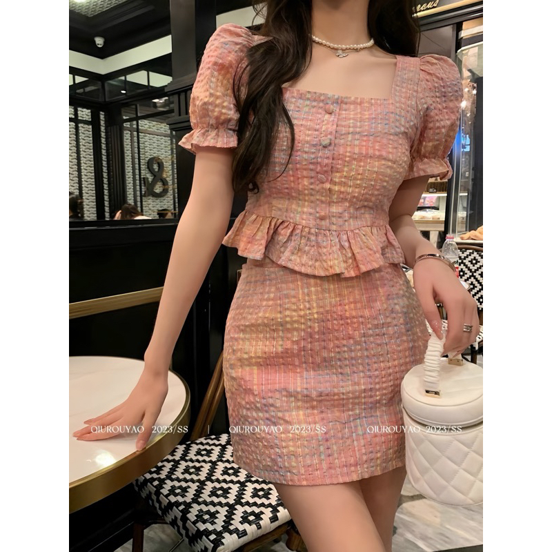 Set áo caro bèo tay phồng cổ vuông đính nút và chân váy chữ A siêu xinh, set nữ hót