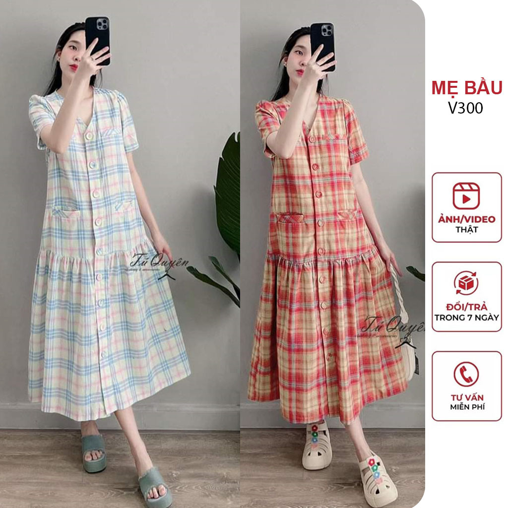 ĐẦM VÁY BẦU CÔNG SỞ MÙA HÈ DÁNG SUÔNG DÀI KẺ CARO TRẺ TRUNG - ĐẦM BẦU BABYDOLL XINH MẶC TÔN DÁNG FREESIZE