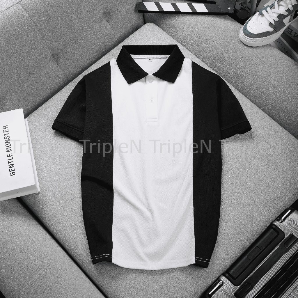 Áo thun polo nam TripleN tay ngắn phối màu trắng đen kiểu dáng trẻ trung, chất liệu vải cá sấu co dãn 4 chiều