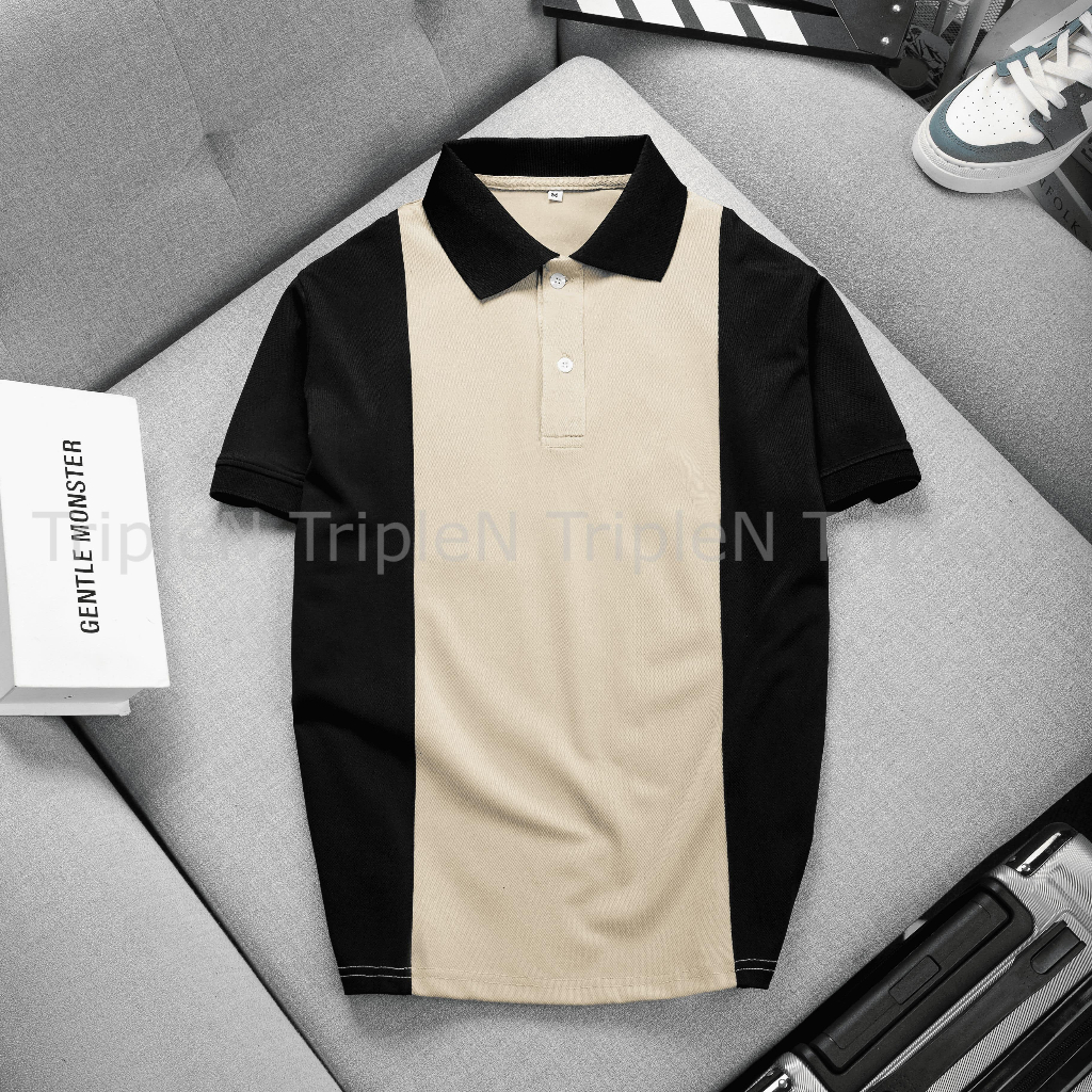 Áo thun nam polo có cổ TripleN tay ngắn vải cá sấu cotton co giãn 4 chiều cao cấp, phối tay trẻ trung, thời trang