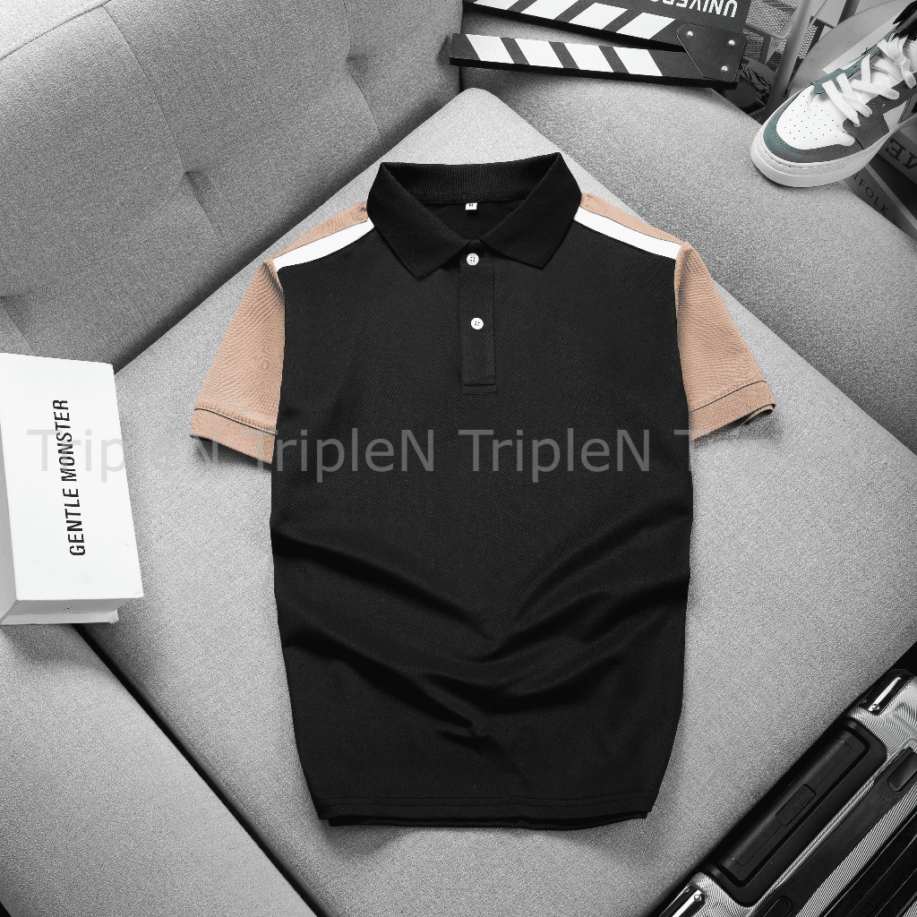 Áo thun polo nam TripleN ngắn tay màu đen kiểu dáng trẻ trung, nam tính co giãn 4 chiều, thấm hút và thoải mái