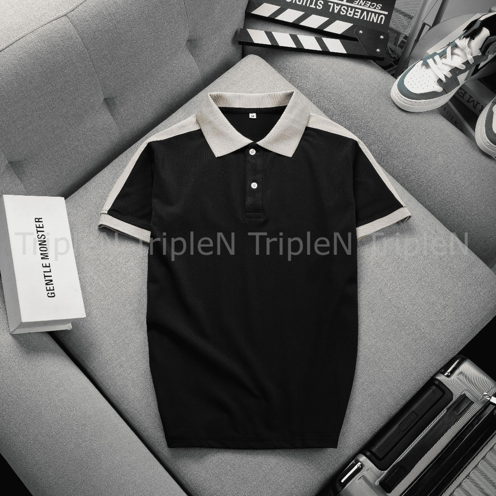 Áo thun polo nam TripleN ngắn tay màu đen kiểu dáng trẻ trung, nam tính co giãn 4 chiều, thấm hút và thoải mái