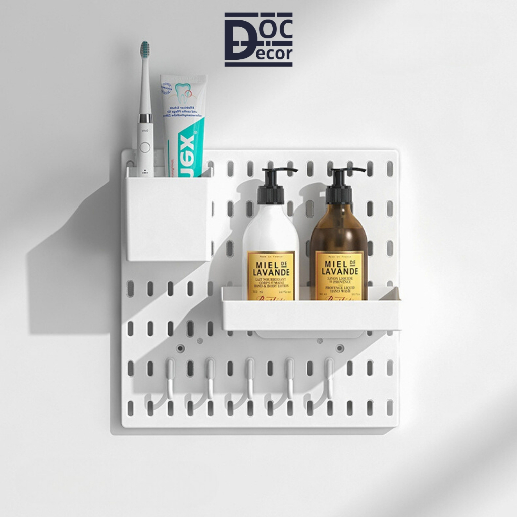 Kệ treo tường pegboard, kệ dán tường phòng tắm không khoan đục có nhiều phụ kiện đi kèm