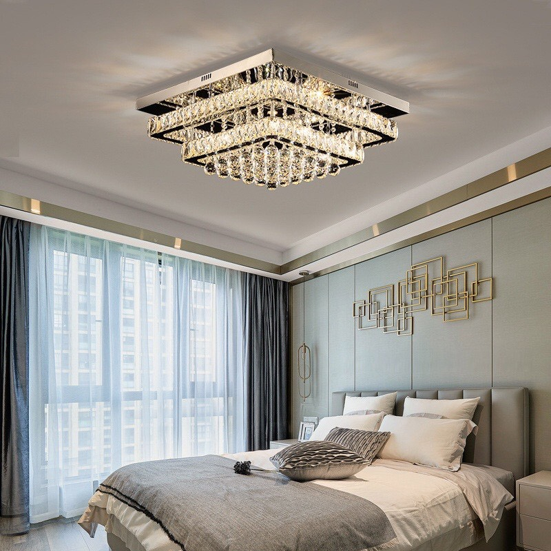 Đèn ốp trần ánh sáng đổi màu,Đèn mâm pha lê ốp trần hình vuông KT:60*60cm có điều khiển trang trí phòng khách phòng ngủ