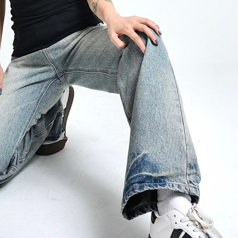 QUẦN JEANS SUÔNG RỘNG VỪA LƯNG CAO - XANH VINTAGE