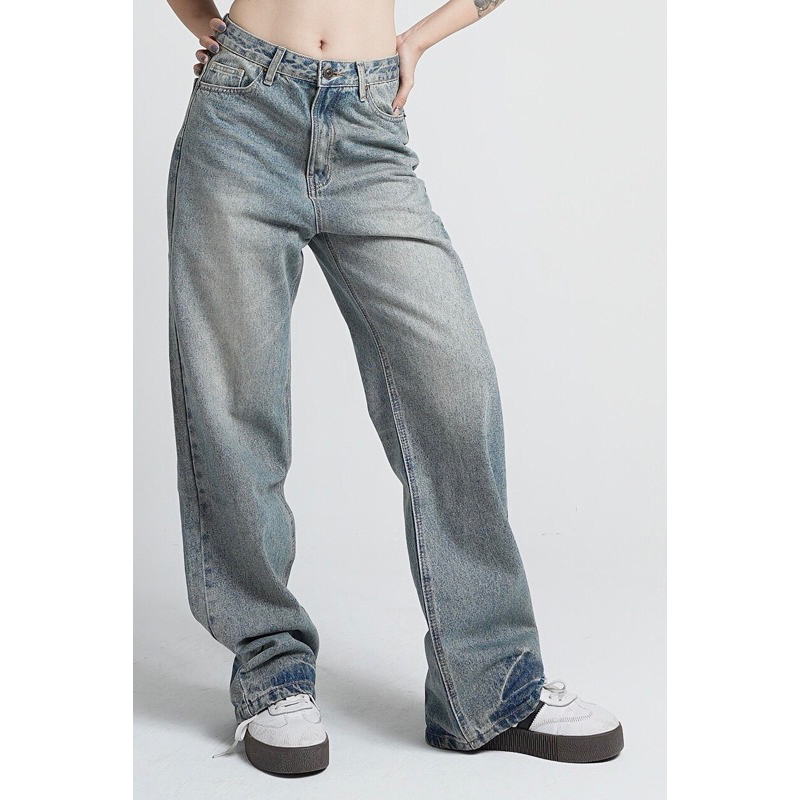 QUẦN JEANS SUÔNG RỘNG VỪA LƯNG CAO - XANH VINTAGE