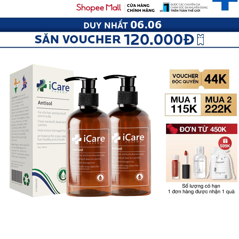 Dầu Gội iCare Pharma Antisol Sạch Gàu Chiết Xuất Dược Liệu, Giảm Ngứa, Chống Rụng 240ml