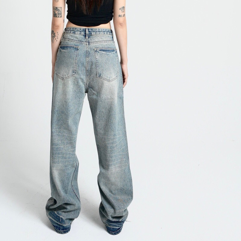 QUẦN JEANS SUÔNG RỘNG VỪA LƯNG CAO - XANH VINTAGE