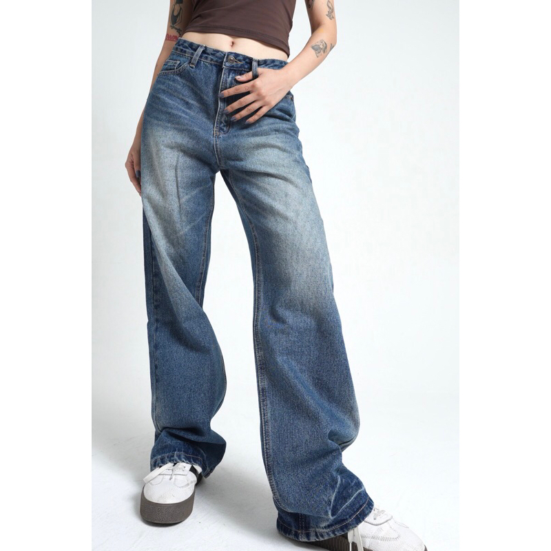 QUẦN JEANS SUÔNG RỘNG VỪA LƯNG CAO - XANH VINTAGE
