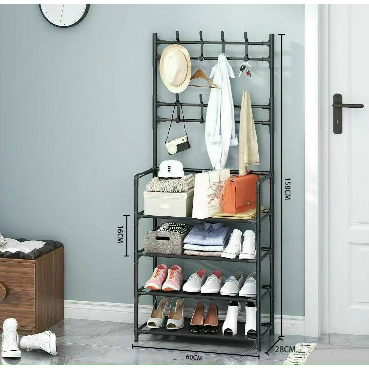 Kệ để giày dép 4 tầng có móc treo nón, kệ giày lắp rắp hình chữ L, 4 tầng để giày rộng rãi kèm thanh móc treo vật dụng