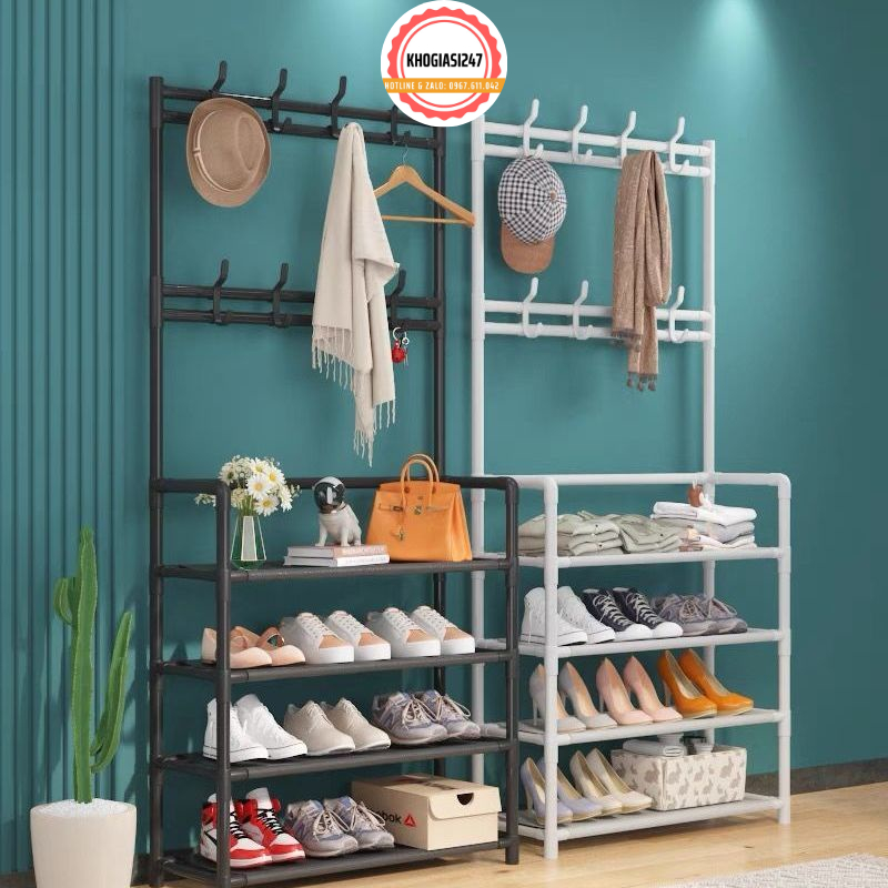 Kệ để giày dép 4 tầng hình chữ L có móc treo nón, áo khoác…. Chất liệu chắc chắn, bền bỉ, kết  cấu dễ dàng lắp đặt