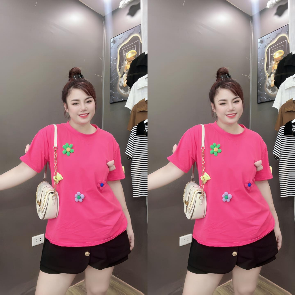 Áo phông Bigsize đính hoa nổi from rộng, chất cotton cao cấp siêu mát, thấm hút mồ hôi
