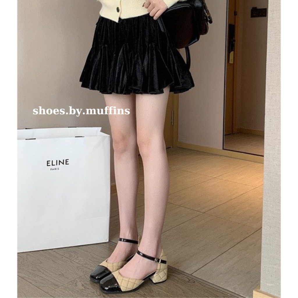 Giày cao gót tiểu thư MARY JANE mũi vuông phối màu họa tiết vân quả trám