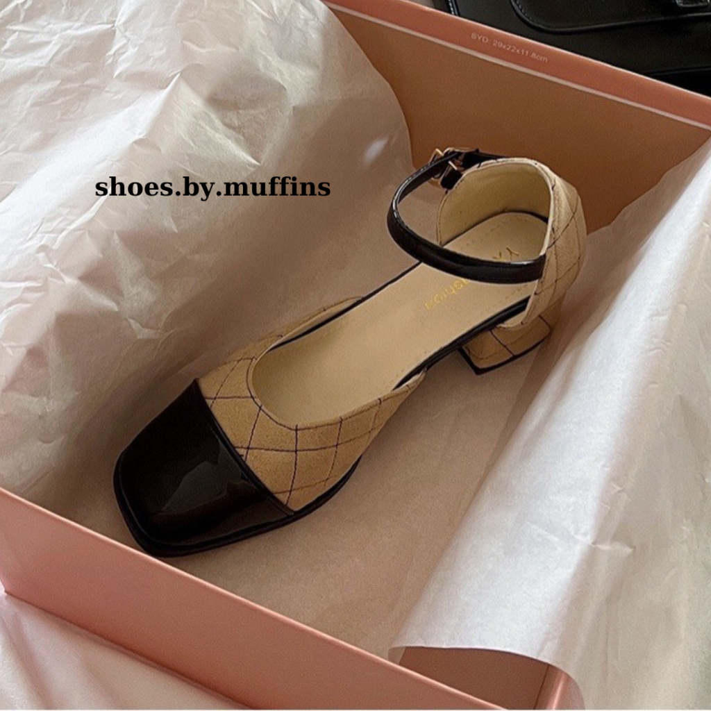 Giày cao gót tiểu thư MARY JANE mũi vuông phối màu họa tiết vân quả trám