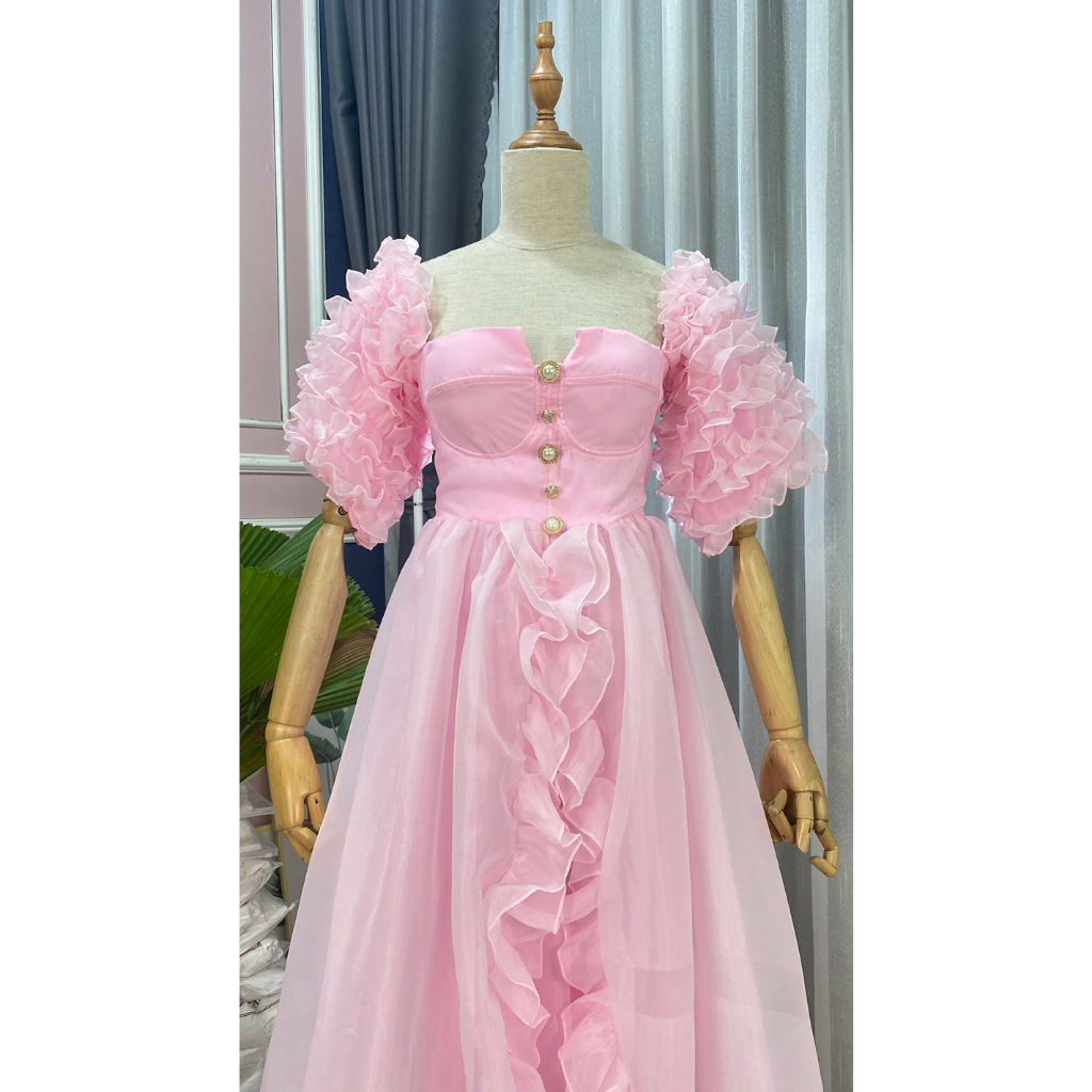 Đầm công chúa tiểu thư tay phồng xẻ tà phối viềm họa tiết xinh đẹp chất ORGANZA quyến rũ sang trọng cá tính