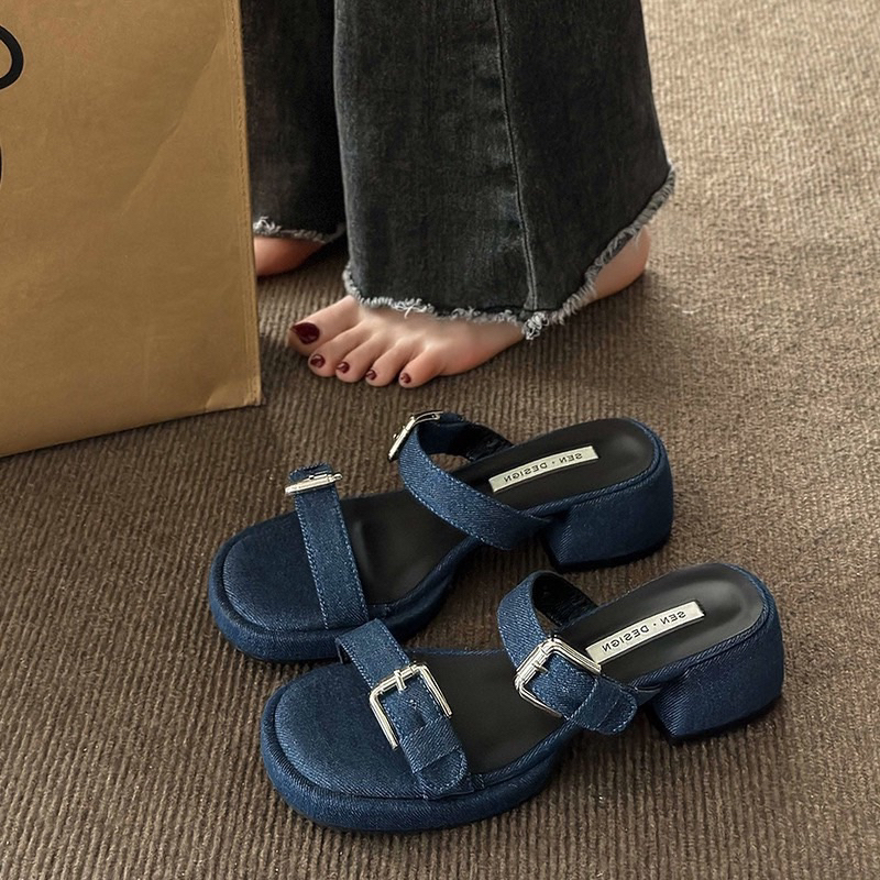 Dép Guốc denim Hai Quai Ngang Khóa Cài Vuông Gót Vuông 5cm Hàng Quảng Châu Cao Cấp