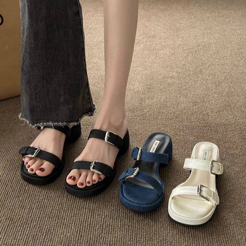 Dép Guốc denim Hai Quai Ngang Khóa Cài Vuông Gót Vuông 5cm Hàng Quảng Châu Cao Cấp