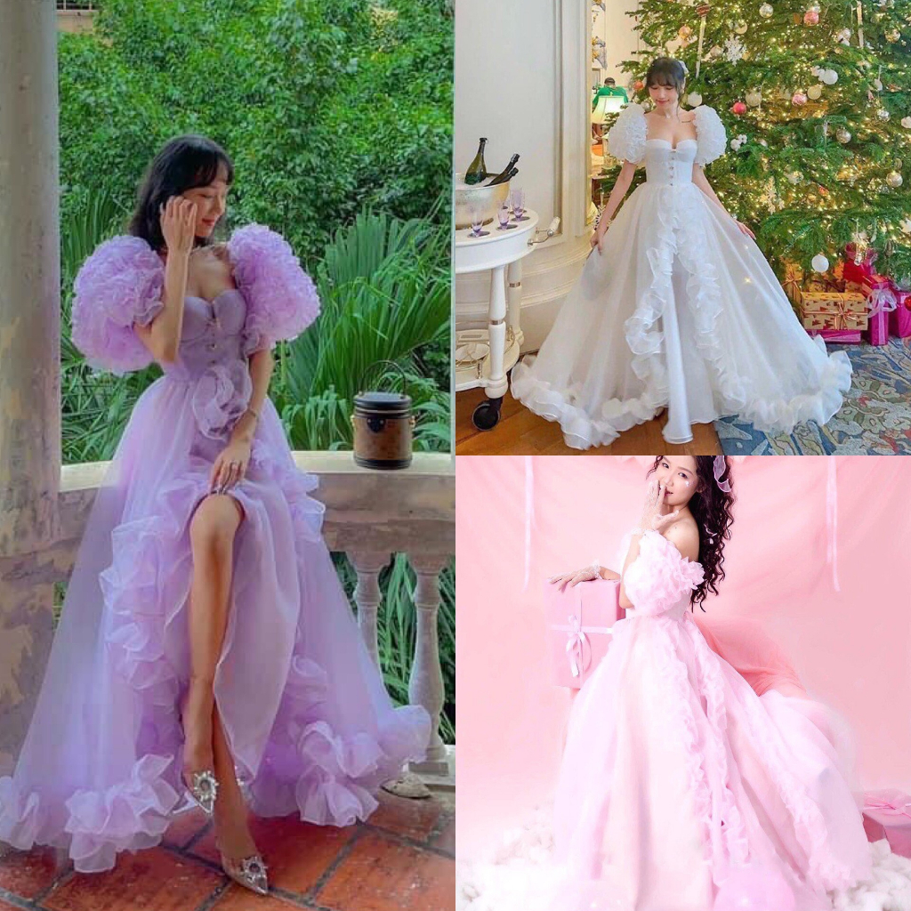 Đầm công chúa nàng thư tiểu thư tay phồng xẻ tà phối viềm họa tiết xinh đẹp chất ORGANZA quyến rũ sang trọng