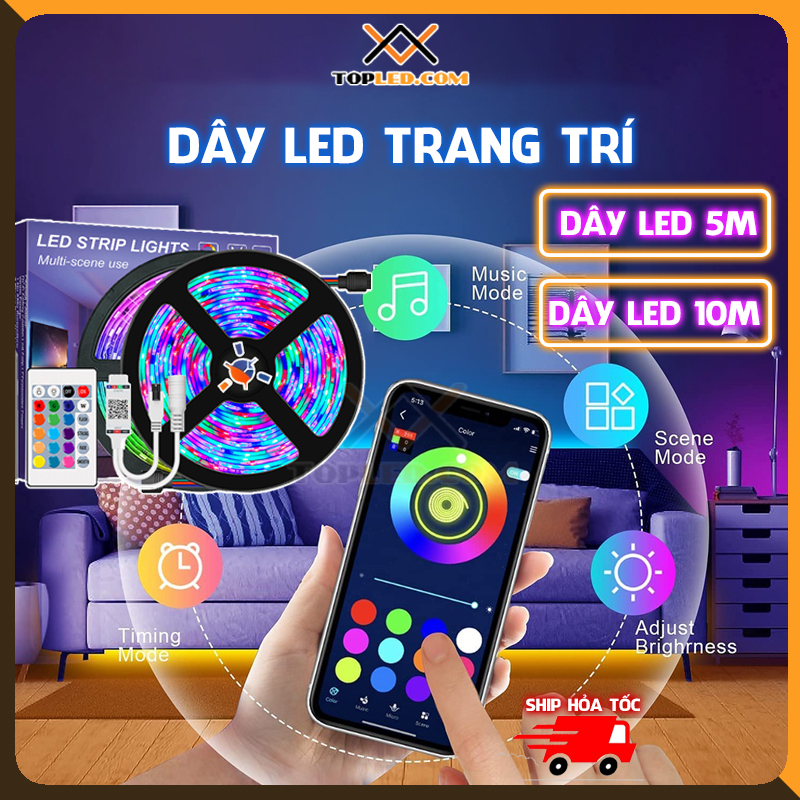 Đèn dây led RGB nháy theo nhạc, trang trí decor phòng, Đèn LED 16 triệu màu điều khiển bằng điện thoại - Đèn TopLED