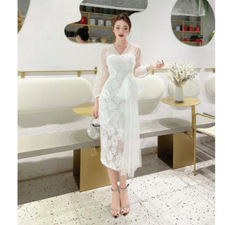 Váy ren hoa bút chì phối vạt lưới roi tay búp 051222