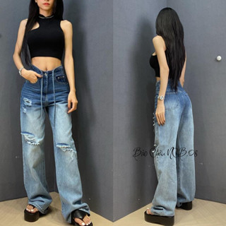 THE QUAO - Quần Jean Nữ Lưng Cao Màu Xanh Phối Màu Thời Trang BCM075_750