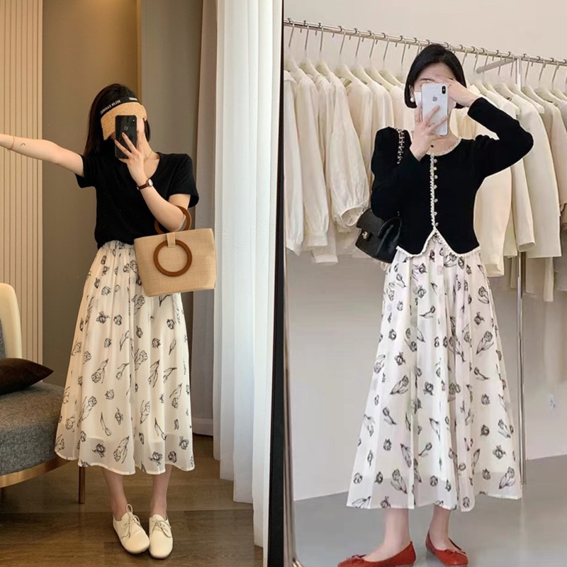Chân váy hoa von tơ QC dáng dài nhiều màu - Lumii