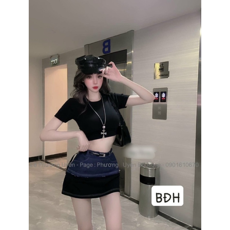 Set chân váy bò phối cạp áo croptop