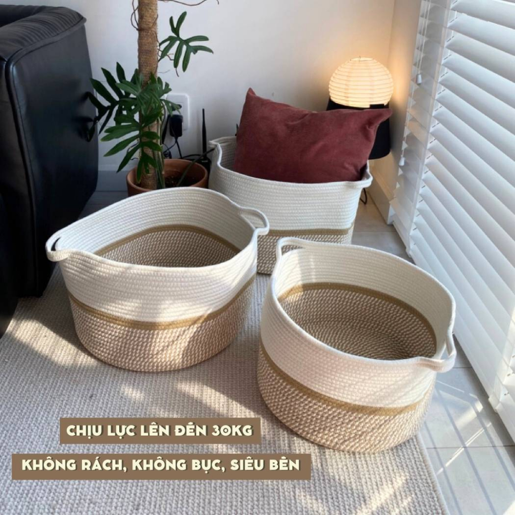 Giỏ đựng đồ đa năng bằng sợi Cotton dệt kim - Hoạ tiết phối màu trắng, be, nâu - Tay cầm tai thỏ