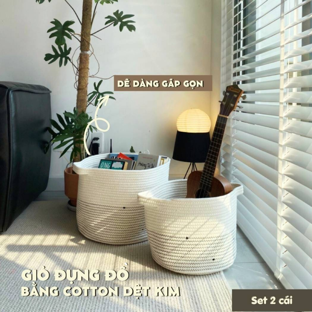 Giỏ đựng đồ đa năng bằng Cotton - Hoạ tiết trắng mix đen độc đáo - Tay cầm tai thỏ dệt kim - Size M