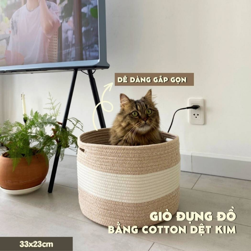 Giỏ đựng đồ đa năng bằng Cotton - Hoạ tiết trắng, hồng, be