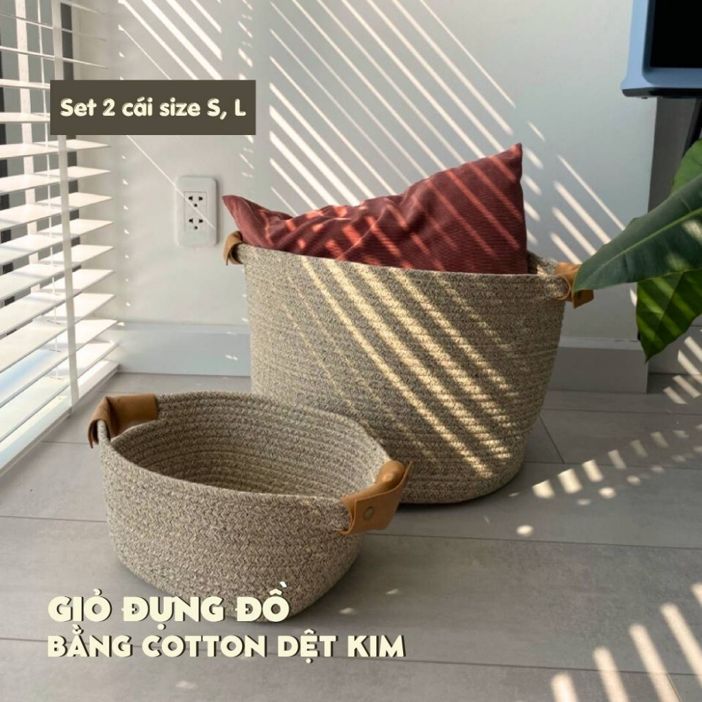Set 2 giỏ đựng đồ đa năng bằng Cotton - Tay cầm bằng da - Màu beige muối tiêu
