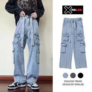 Quần jean nam túi hộp ống rộng cargo pants XMALAB quần bò nam cạp cao dây chéo phong cách B081
