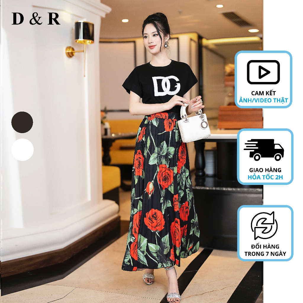 Set chân váy xếp ly áo thun cotton thêu DG Quảng Châu cao cấp D&R Fashion S032