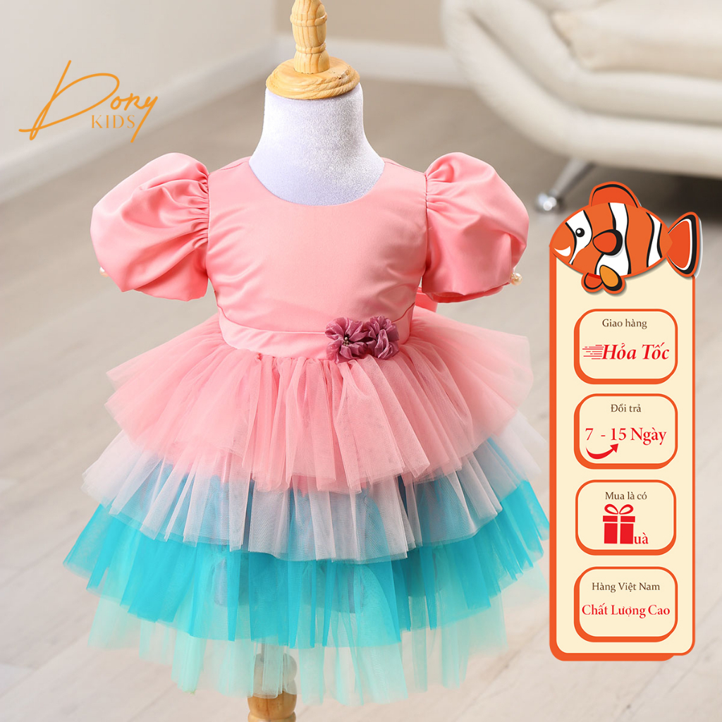 Váy Công Chúa 5 Tầng Nhiều Màu, Cổ Tròn, Có Tay Phồng Họa Tiết Nhiều Tầng Sắc Màu Cho Bé Gái, Size Từ 8kg đến 40kg